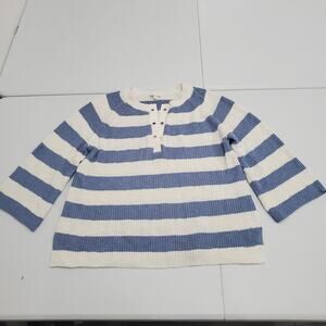 J Jill Sweater Womens Large Blue White Striped Cotton Henley Pullover Knit Coast